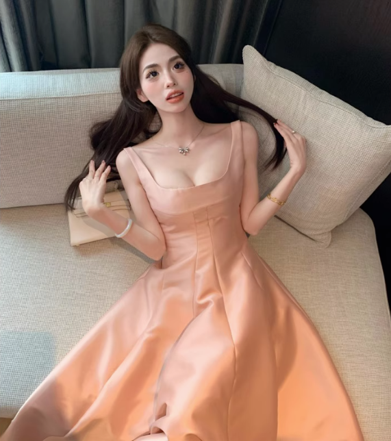 French suspender dress temperament slim pink gentle A-line bridesmaid banquet dress skirt R1527