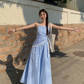 Fairy romantic French blue plaid long skirt tube top temperament design sling dress R1701