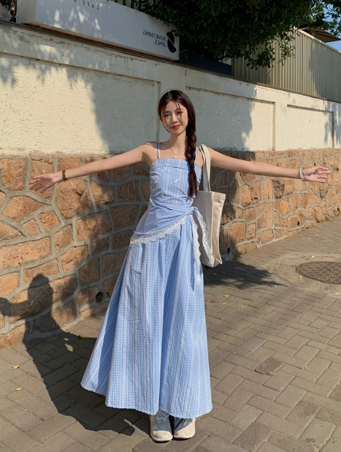 Fairy romantic French blue plaid long skirt tube top temperament design sling dress R1701
