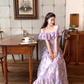 Purple long printed waist dress for women summer French retro temperament high-end skirt R4581