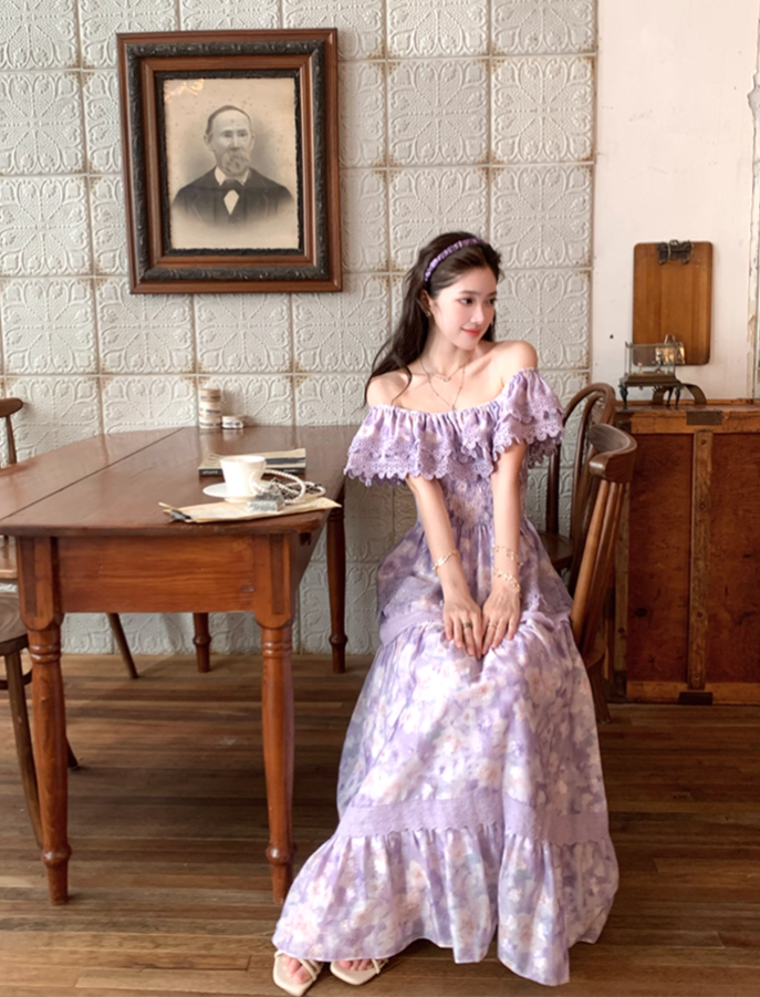 Purple long printed waist dress for women summer French retro temperament high-end skirt R4581