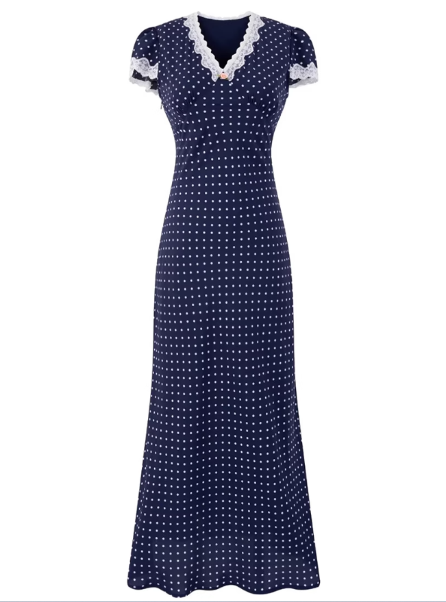 2025 Summer New Blue Polka Dot French V-neck Retro Temperament Long Dress R0947