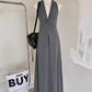 Black V-neck halter dress long skirt twist waist backless temperament A-line skirt R2089
