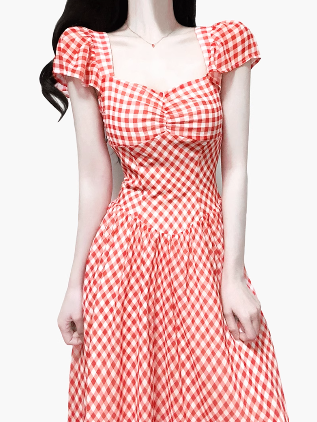 2025 Summer New Red Plaid Square Neck French Short Sleeve High Waist Long Dress R0943