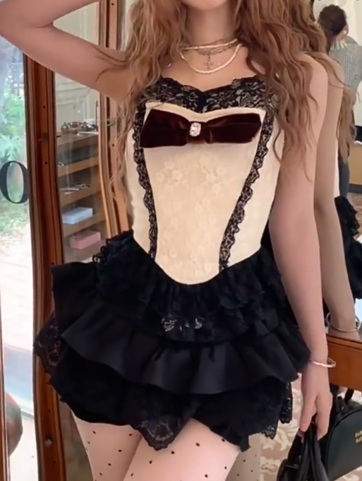 Sweet and spicy lace bow suspender top 2025 large size pure desire pants skirt suit R1090