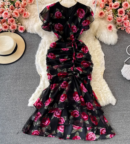 Ruffled waist slimming temperament lady V-neck hip fishtail chiffon dress fashionable dress skirt R0370