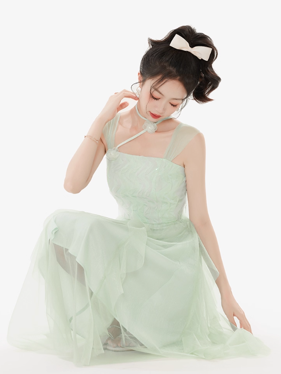 Women's summer suspender dress with ruffled sleeveless niche temperament mid-length skirt R4179