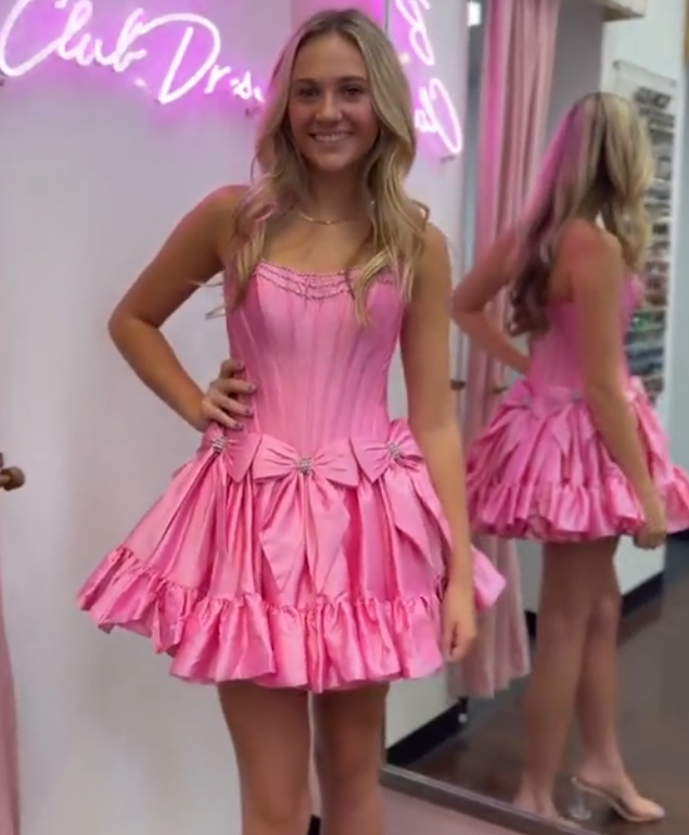 Pink suspender waist pleated skirt short skirt homecoming dress R3614