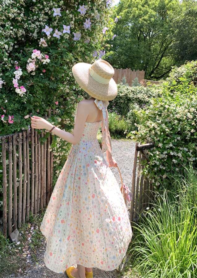V-neck floral halter neck sleeveless suspender dress summer French pastoral style holiday dress R4664