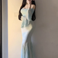 Large size French pure desire one-shoulder long-sleeved dress super fairy hip skirt R1860