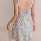 Retro blue and white porcelain print suspender skirt waist tie dress R2851