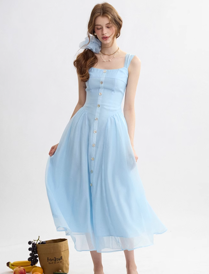 French suspender skirt blue dress sweet style sleeveless long skirt small skirt women summer R3493