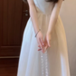 Beautiful dress French square neck puff sleeve dress temperament waist A-line dress R0643