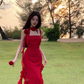 Red suspender dress high-grade irregular chiffon red rose ruffle seaside holiday dress R1470