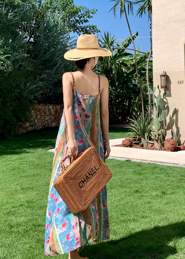 Travel wear beach dress retro travel seaside vacation floral suspender dress R1585