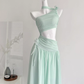 Off-shoulder sheer mesh waist long dress R2029