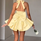 Apricot halter neck suspenders low cut sexy slim short skirt homecoming dress R3760