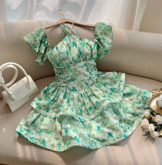 Green floral short sleeve waist cute cake mini skirt homecoming dress R4085