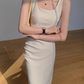 Square neck pleated slim waist suspenders long short hip-wrapped slit dress R1481
