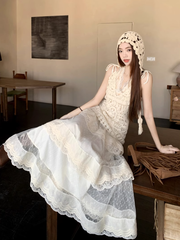 Fairy temperament wear a complete set of lace suspenders knitted vest skirt layered wear R1734