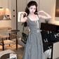 Long Square Neck Black and White Plaid Waisted Suspender Dress Women's Summer French Style Skirt R4621
