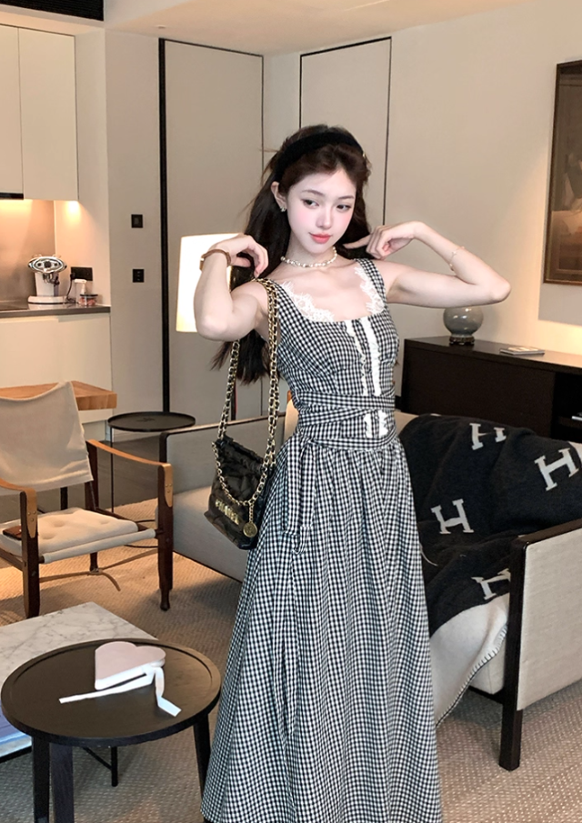 Long Square Neck Black and White Plaid Waisted Suspender Dress Women's Summer French Style Skirt R4621