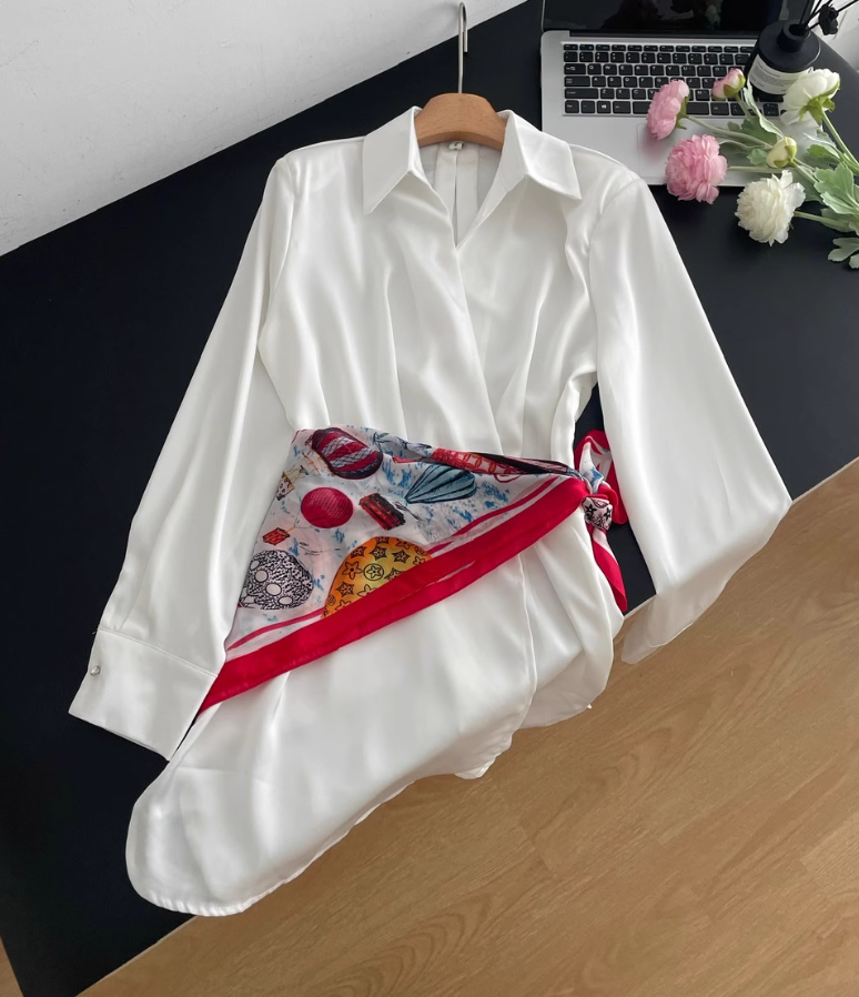 Rose feel textured acetate shirt dress short skirt niche v-neck white dress R2095