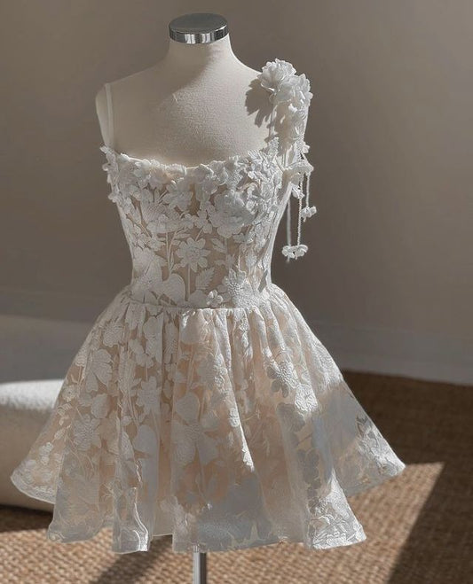 White suspender hollow three-dimensional flower slim A-line princess dress homecoming dress R2560