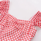 2025 Summer New Red Plaid Square Neck French Short Sleeve High Waist Long Dress R0943