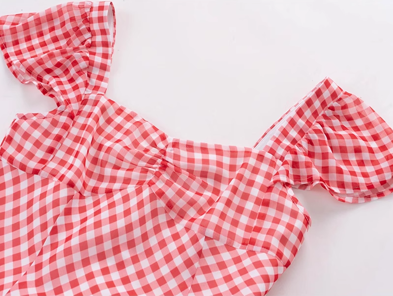 2025 Summer New Red Plaid Square Neck French Short Sleeve High Waist Long Dress R0943