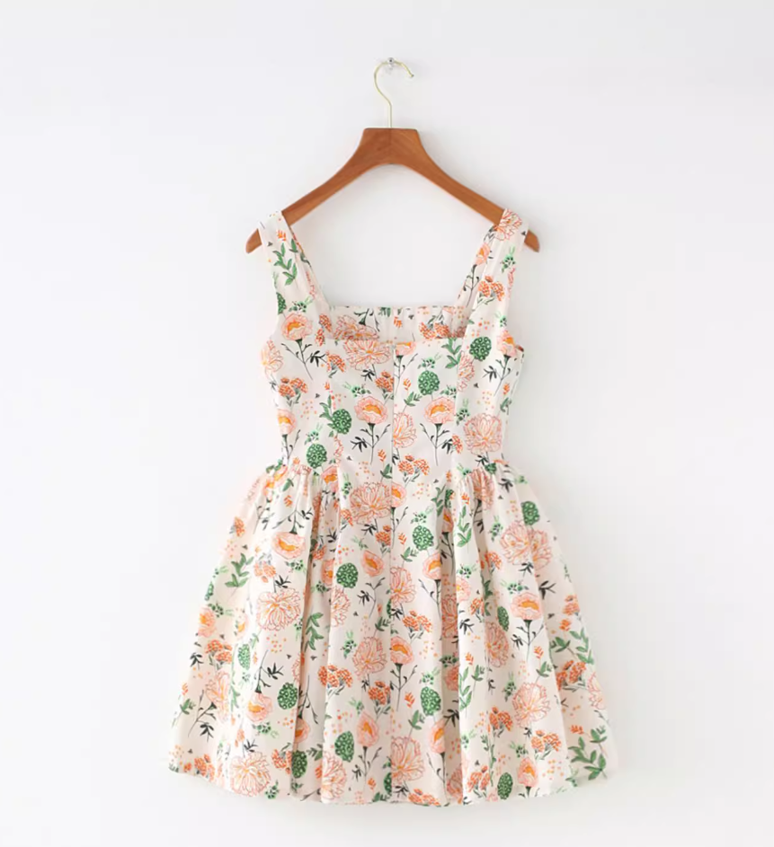 French retro floral big flower slimming waist cinching strapless dress new R2877