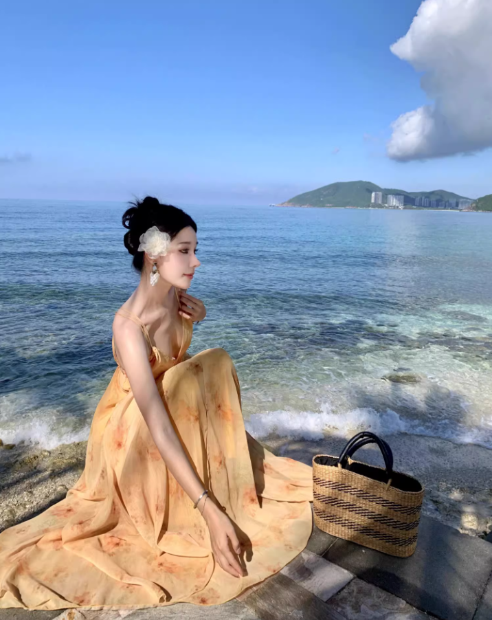 Vacation wear backless long dress beach dress island style suspender dress beach dress R1604