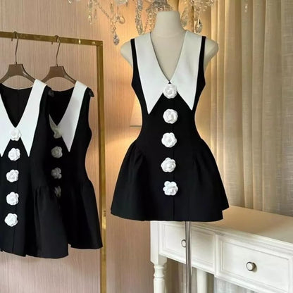 Black slim-fit A-line skirt V-neck three-dimensional flower homecoming dress R2517