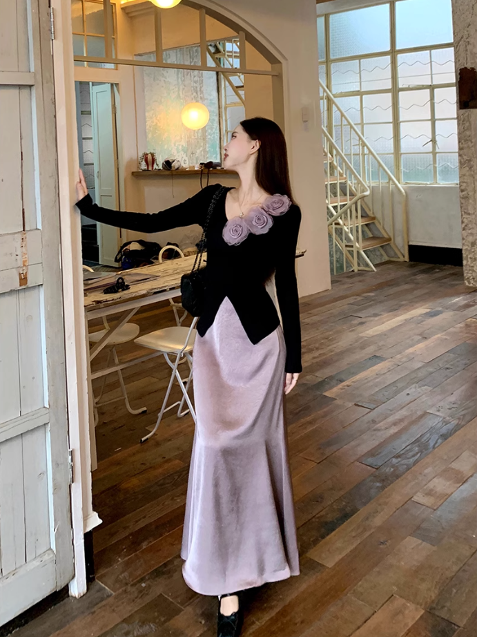 Fairy three-dimensional rose French top high waist A-line skirt gentle outfit two-piece suit R1702