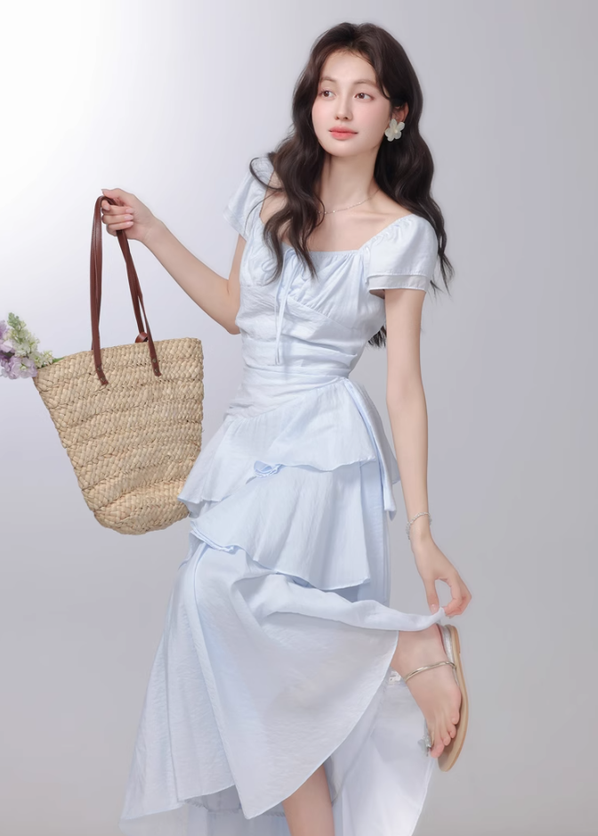 2025 French style blue dress holiday style cake long dress R1940