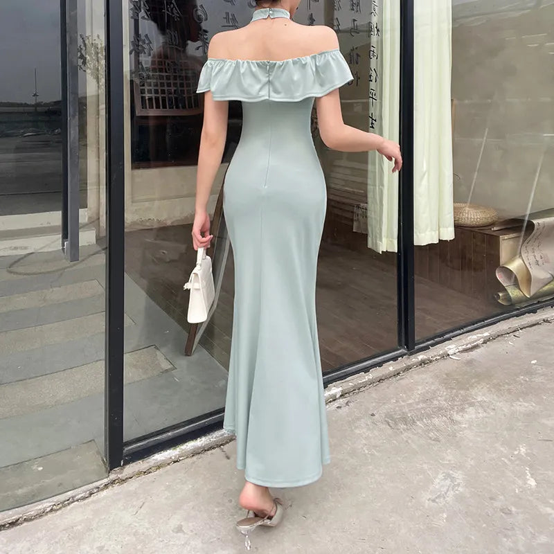 Off-Shoulder Ruffled Midi Mermaid Dress       S6739