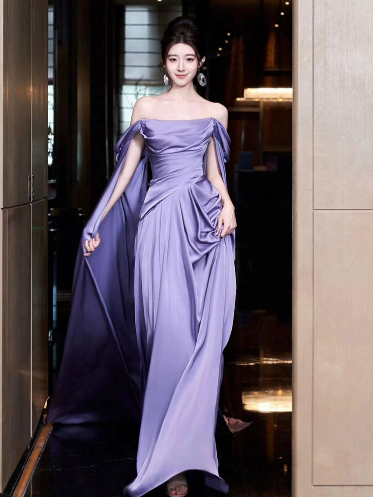 Purple dress long evening gown engagement party off shoulder satin birthday party dress   S6832