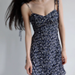 French retro slim fit navy blue floral dress waist suspender dress short skirt R2816