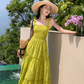 Bohemian holiday long dress elastic square neck slim waist embroidered ruffled suspender dress R0206