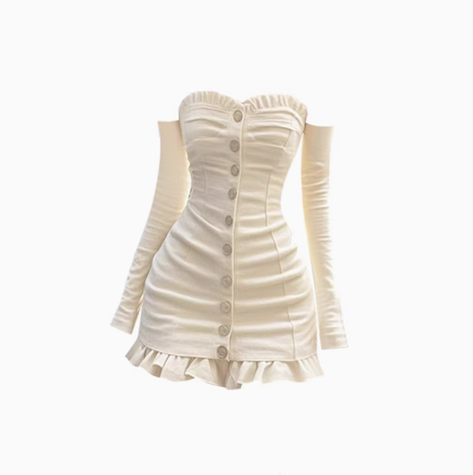 Pure desire hot girl button tube top sleeve dress 2025 ruffle stitching hip skirt R1074