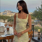 Yellow green floral suspenders waist slim short skirt homecoming dress R3319