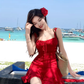 Beautiful red suspender dress sexy seaside holiday irregular short skirt R1477
