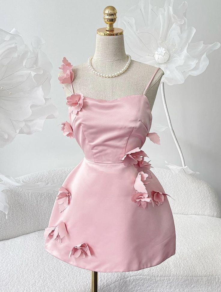 Pink suspenders three-dimensional flower design waist slimming short skirt homecoming dress R3372