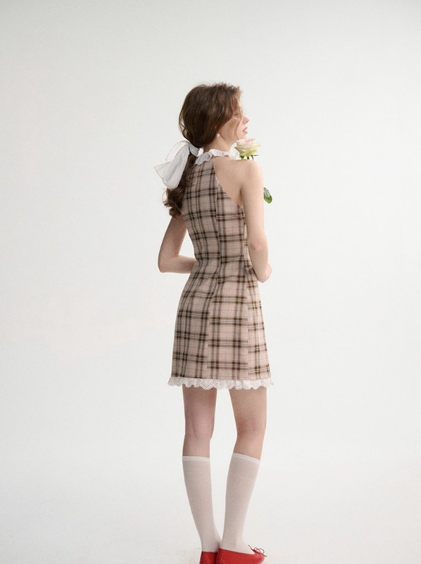 French halter neck dress summer petite outfit short skirt suspender skirt dress female spring R3528