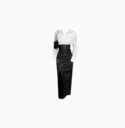Pure desire sweet and spicy style white long-sleeved shirt 2025 plus size hot girl slit long skirt R1072