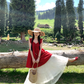 Red mid-length hollow loose suspender dress mesh skirt summer French holiday style skirt R4577