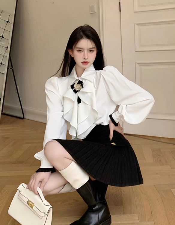 French tea break design shirt top 2025 pure desire sweet pleated skirt suit R1412