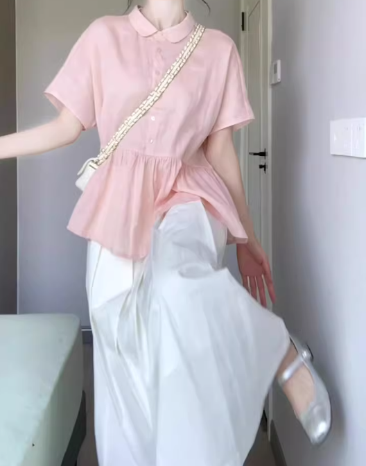 A set of beautiful pink short-sleeved shirt a-line skirt two-piece suit 2025 new R0846