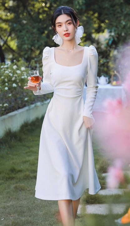 Square collar temperament waist long sleeve dress 2025a gentle long dress R1456