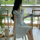 Light blue bow dress with short sleeves, slim waist and elegant short skirt R4419